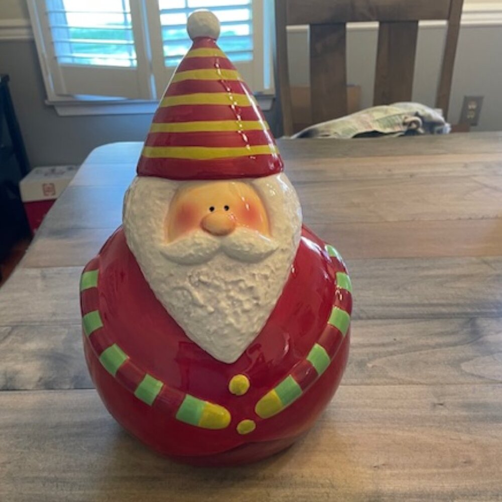 Santa Claus Hand-painted Earthenware Cookie Jar by Sakura, 12" t x 8" dia.